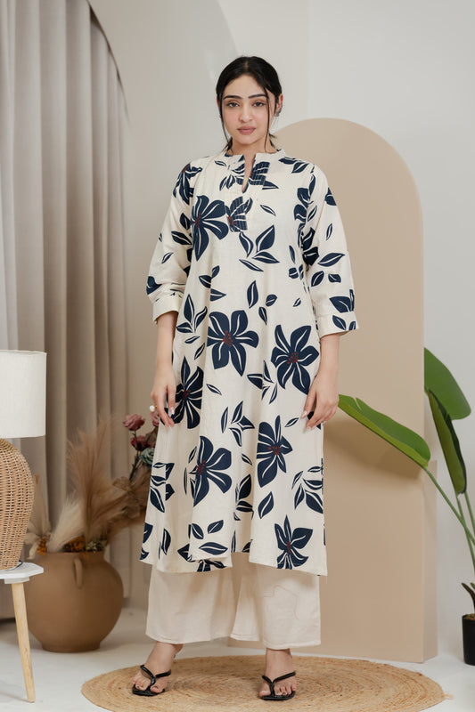 Premium Khadi Flex Kurta Set - Beige with Navy Blue