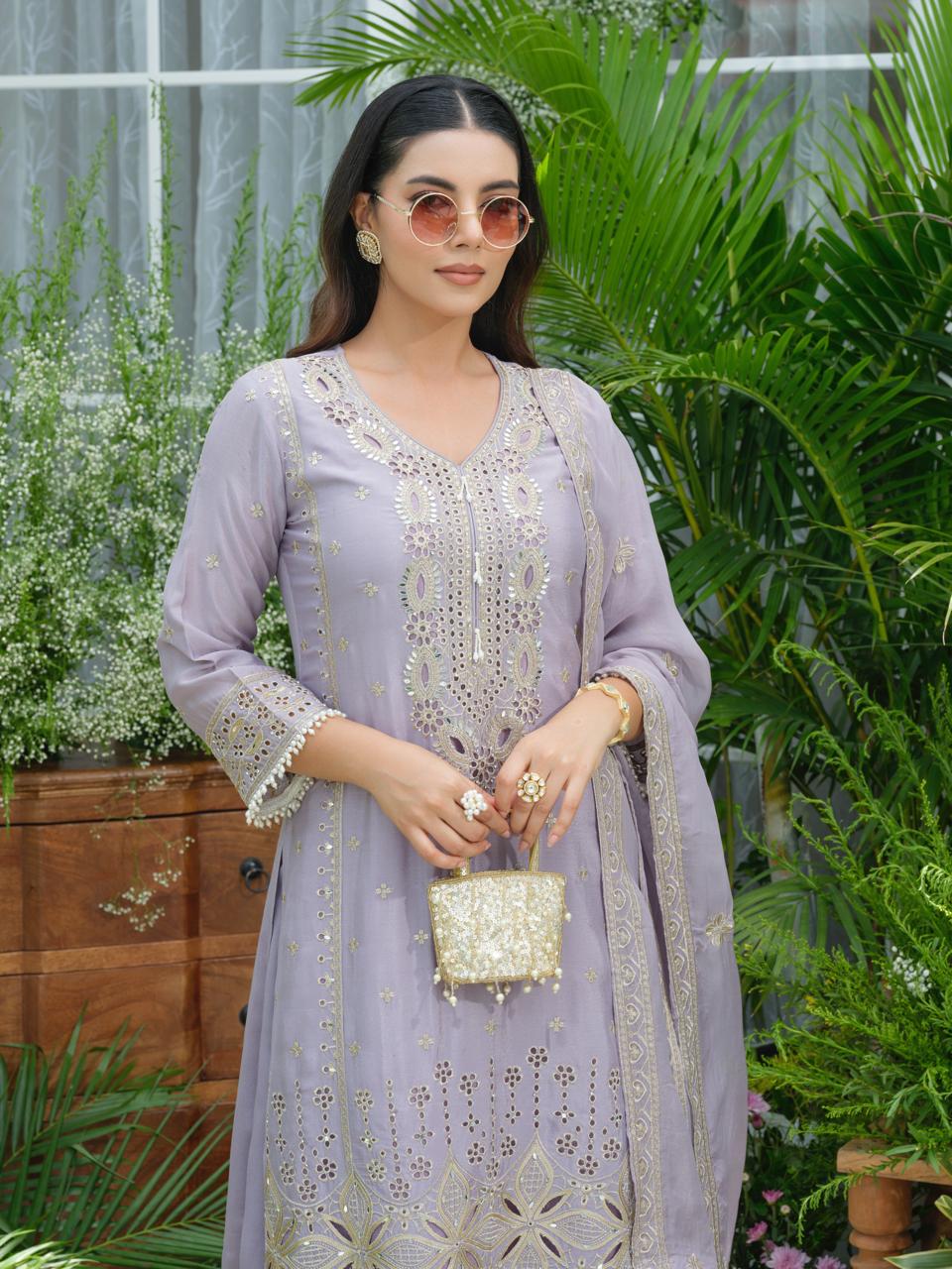 Lavender Pure Chinon Suit Set with Mirror & Zari Embroidery – Party & Festive Wear