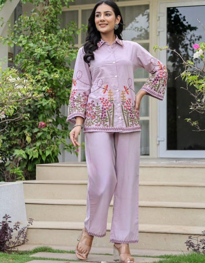 Lilac Lavender Cotton Co-Ord Set with Heavy Floral Embroidery