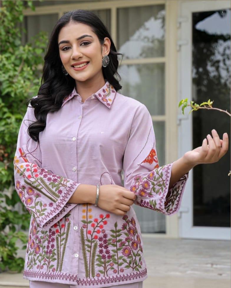 Lilac Lavender Cotton Co-Ord Set with Heavy Floral Embroidery