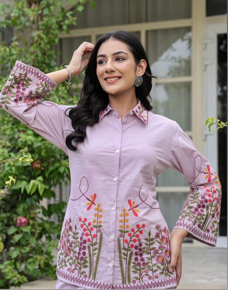 Lilac Lavender Cotton Co-Ord Set with Heavy Floral Embroidery