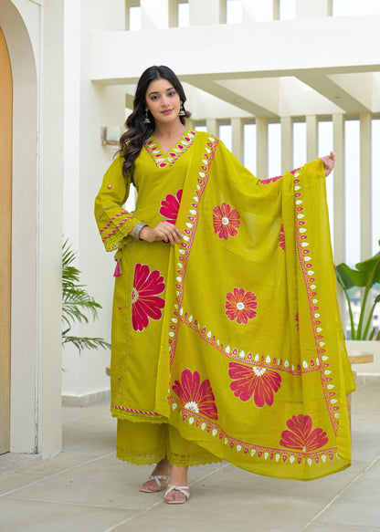 Lime Green Pure Cotton Kurta Set with Bold Applique Work – Festive & Casual Wear