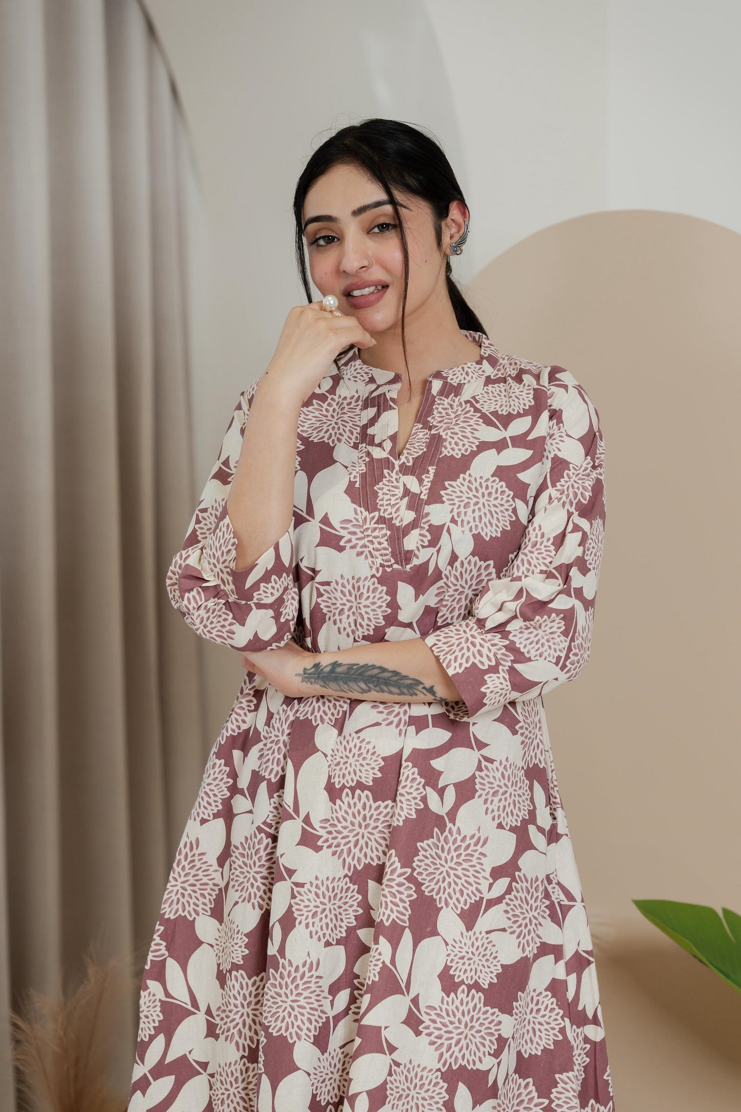 Premium Khadi Flex Kurta Set - Mauve with Cream | Soft & Comfortable