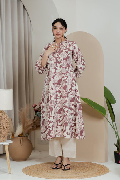 Premium Khadi Flex Kurta Set - Mauve with Cream | Soft & Comfortable