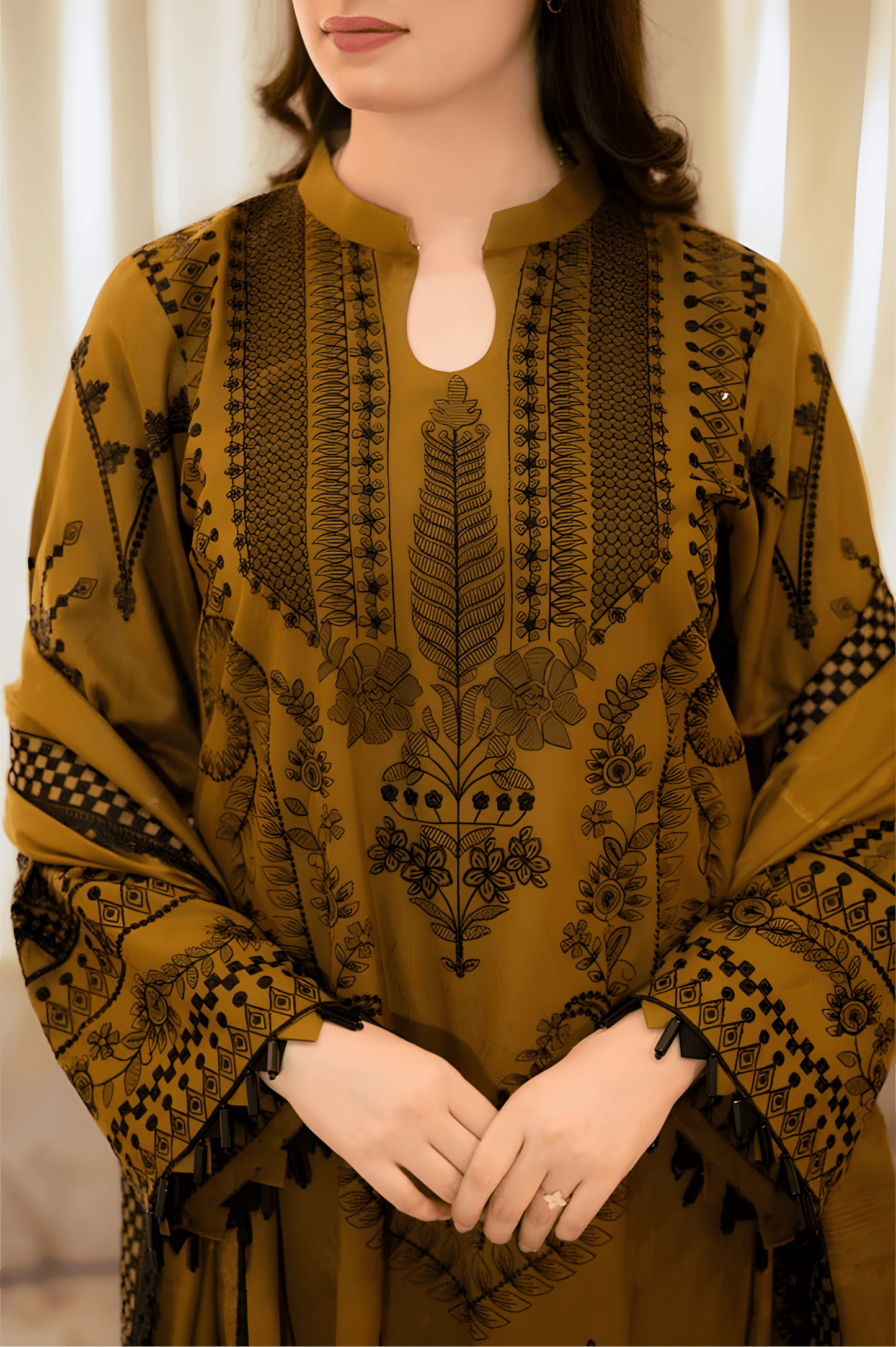 Mustard Brown Muslin Suit Set with Print & Matching Dupatta