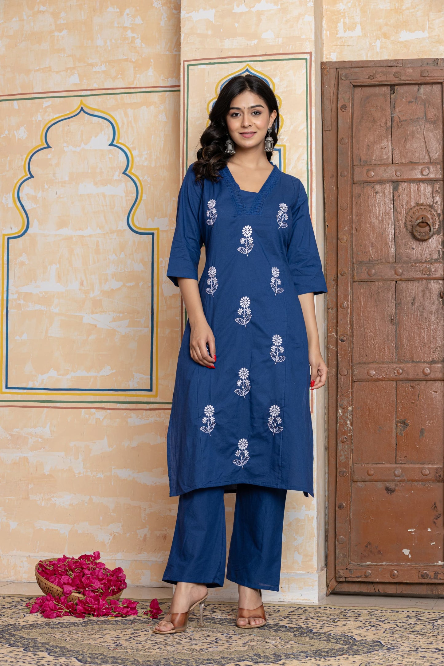 Navy Blue Premium Cotton Embroidered Kurta Kurta Set for Women