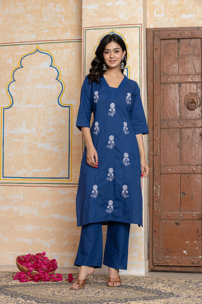 Navy Blue Premium Cotton Embroidered Kurta Kurta Set for Women