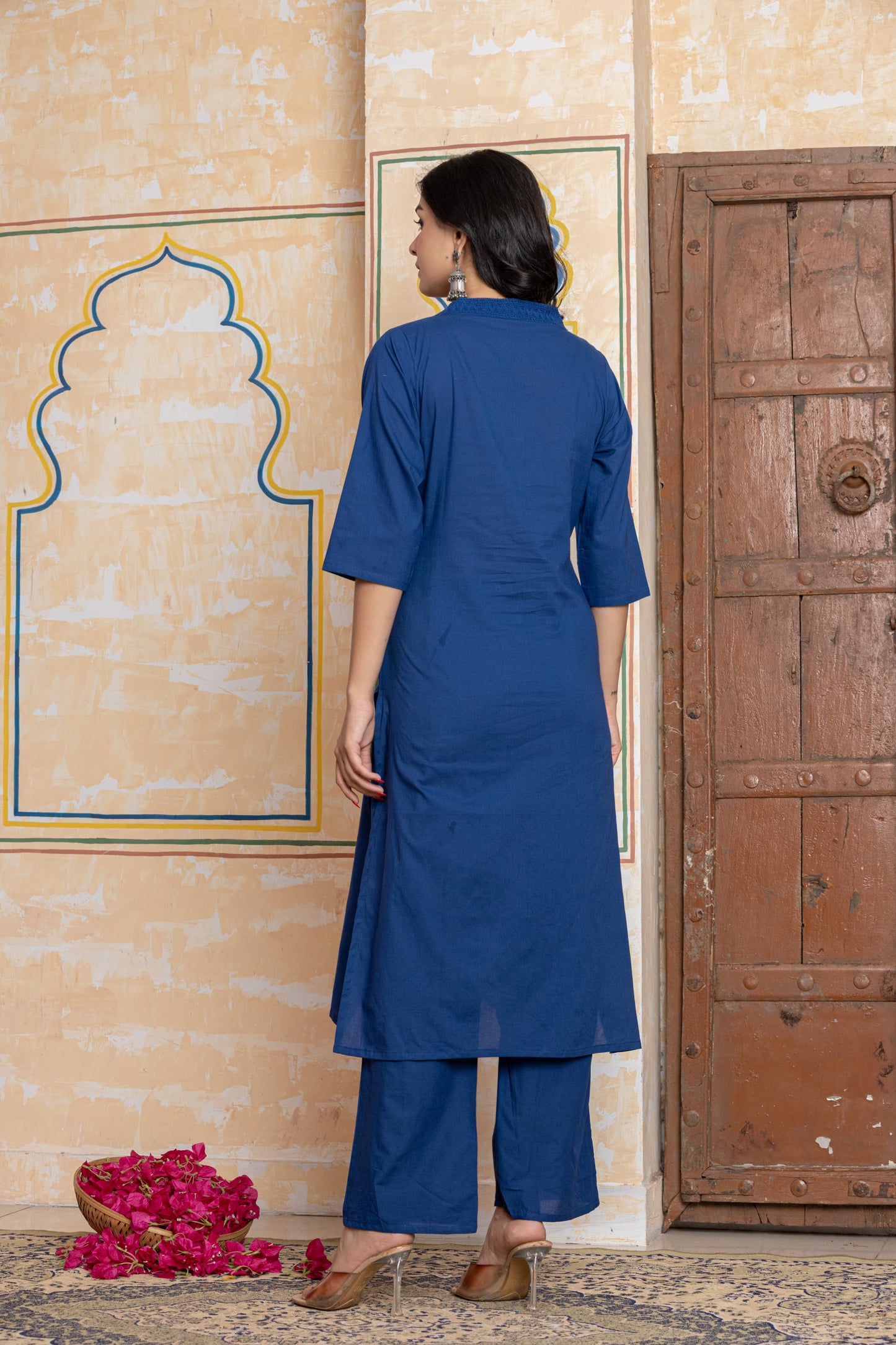 Navy Blue Premium Cotton Embroidered Kurta Kurta Set for Women