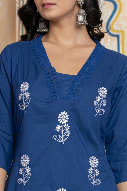 Navy Blue Premium Cotton Embroidered Kurta Kurta Set for Women