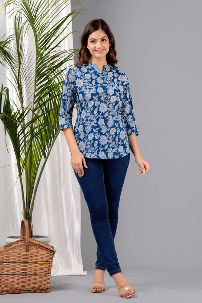 Navy Blue Printed Soft Cotton Top – Casual & Office Wear