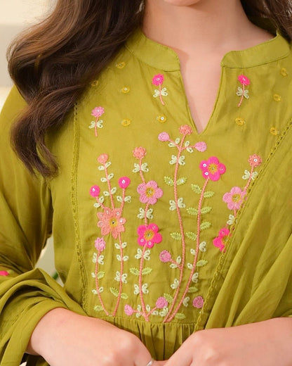 Olive Green Cotton Anarkali Suit Set with Floral Thread Embroidery – Daily & Festive Wear