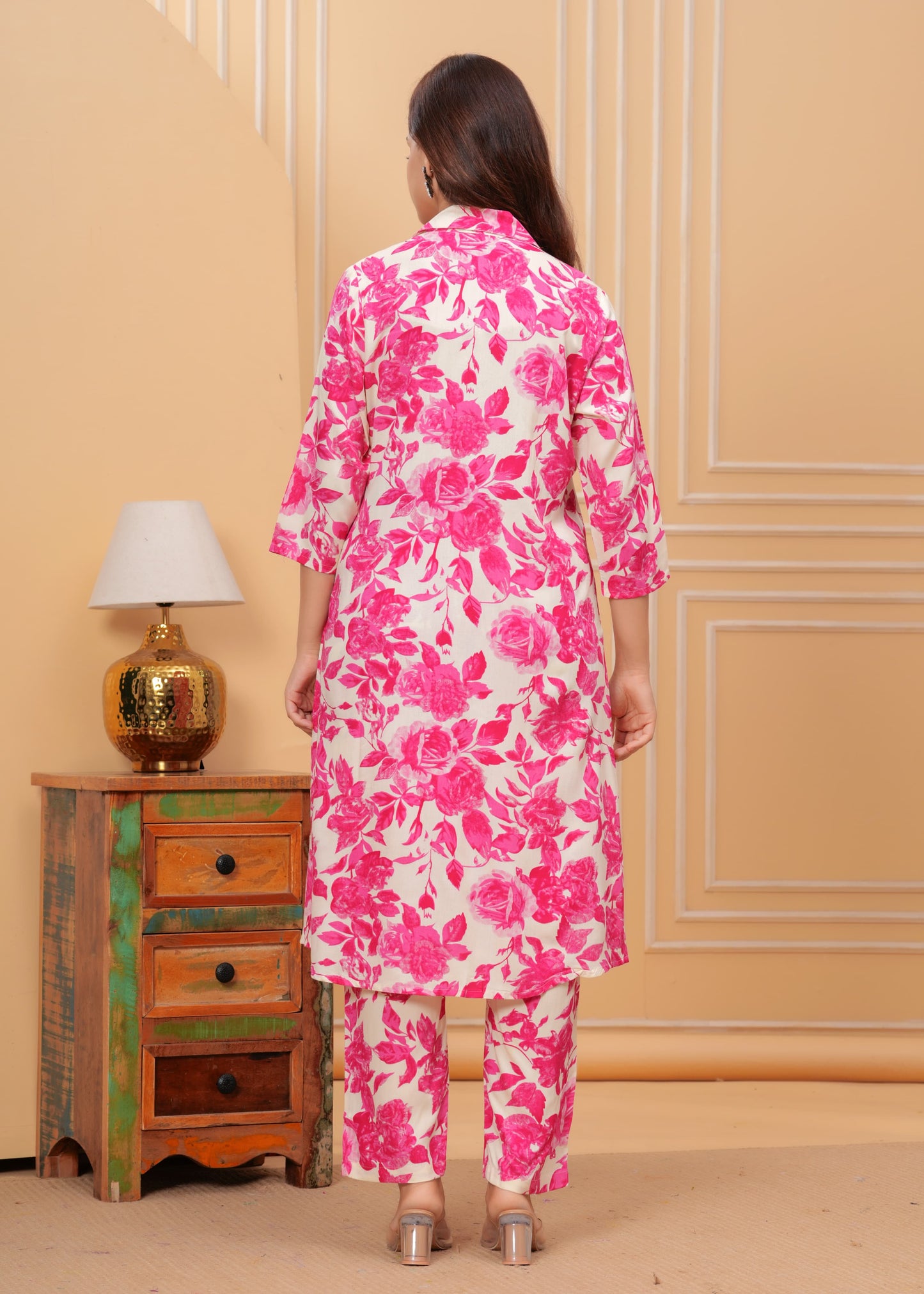 Pink Floral Printed Premium Cotton Long Kurta Set for Women