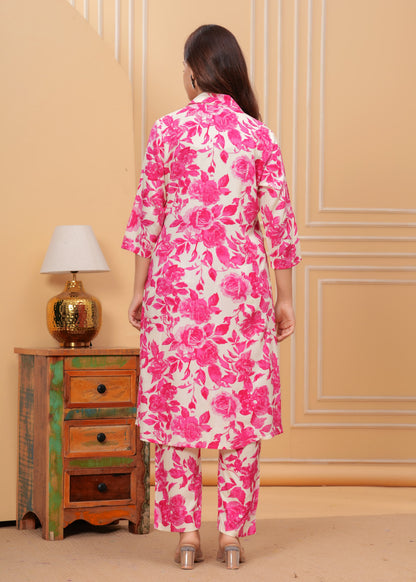 Pink Floral Printed Premium Cotton Long Kurta Set for Women