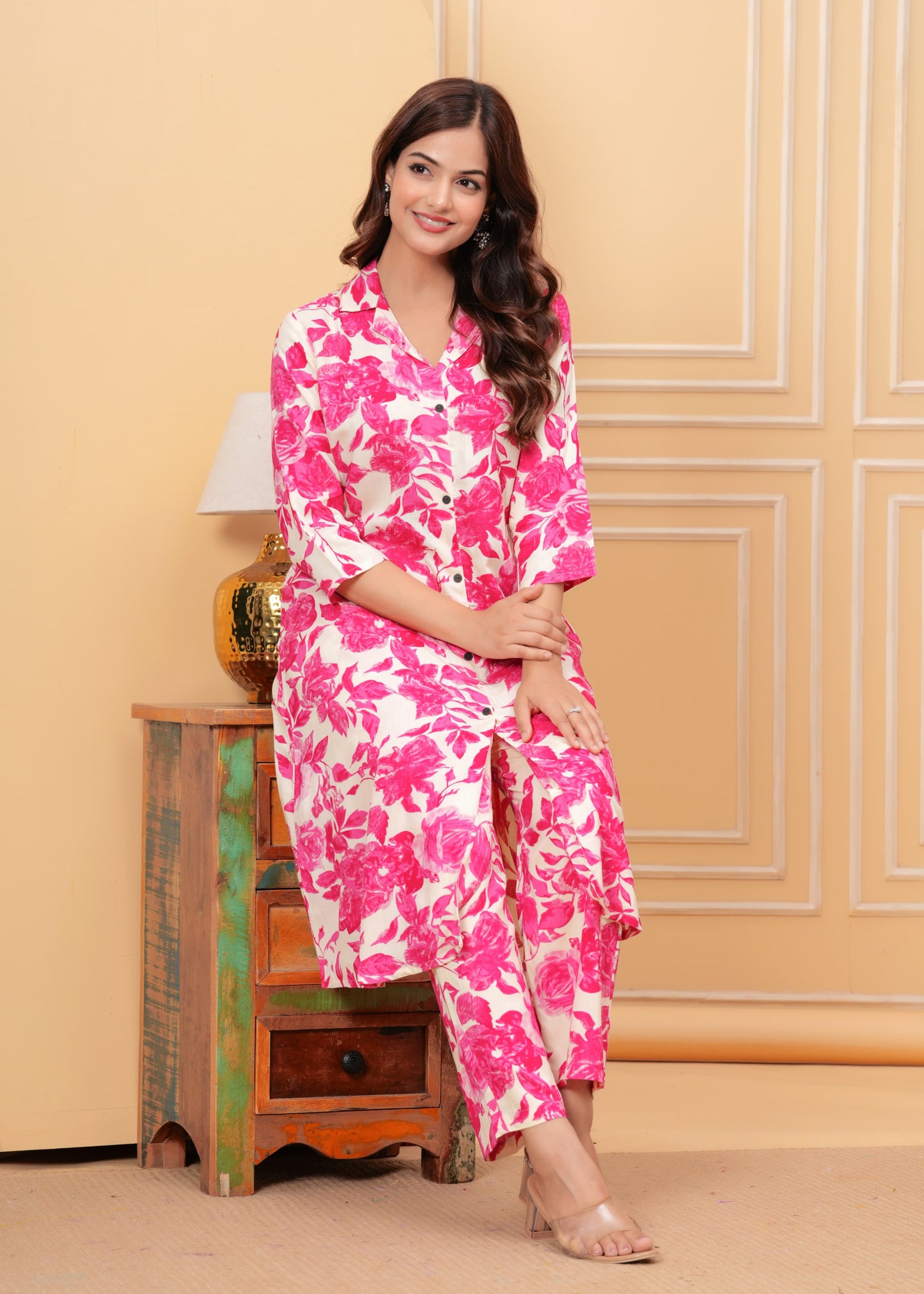 Pink Floral Printed Premium Cotton Long Kurta Set for Women