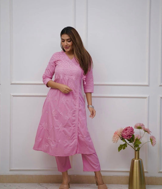 Premium Light Pink Angrakha Style Chikankari Kurta Set with Soft Cotton Fabric
