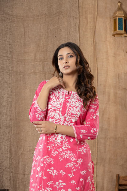 Premium Pink Soft Cotton Chikankari Kurta Set