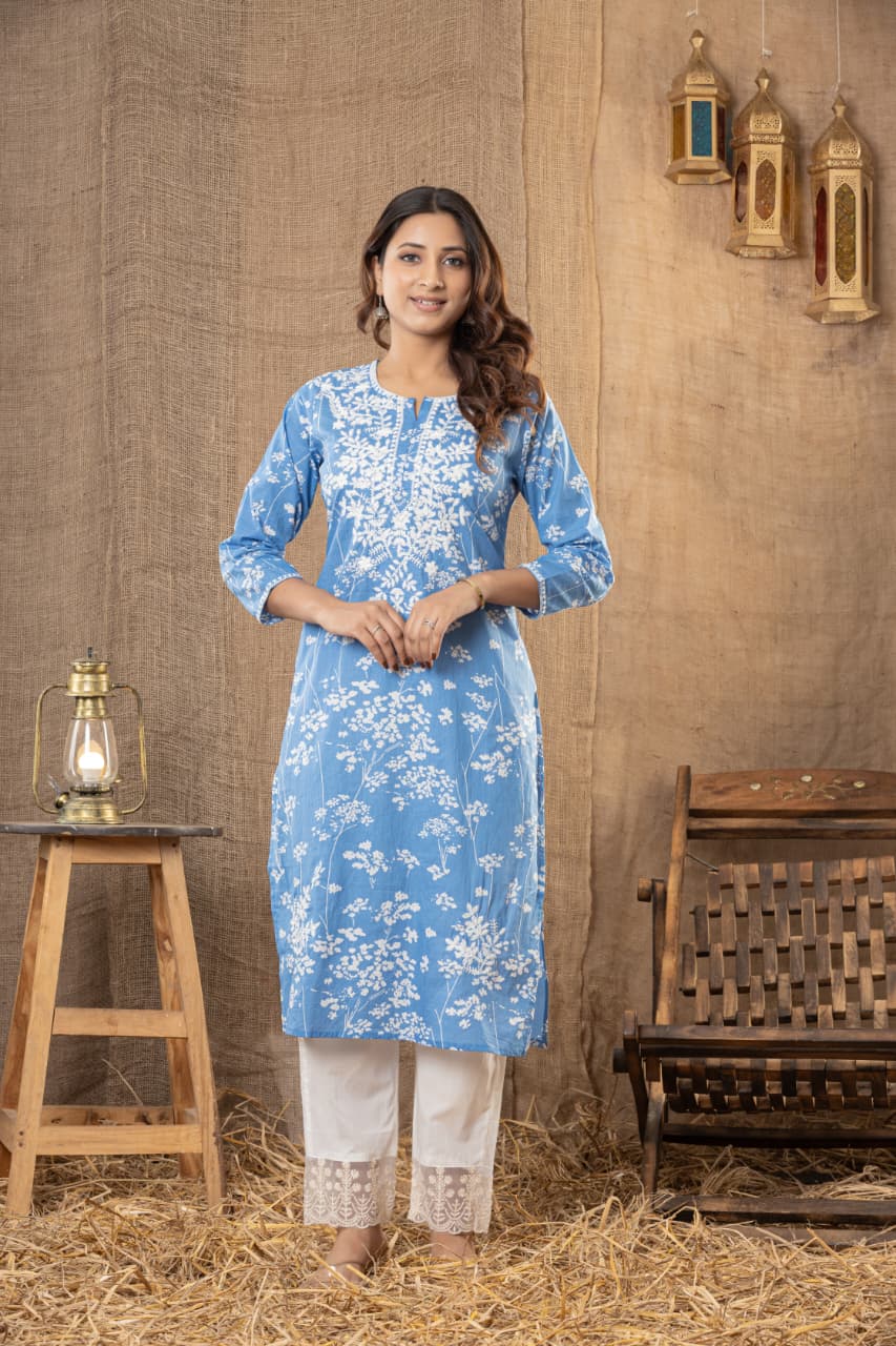Premium Sky Blue Soft Cotton Chikankari Kurta Set