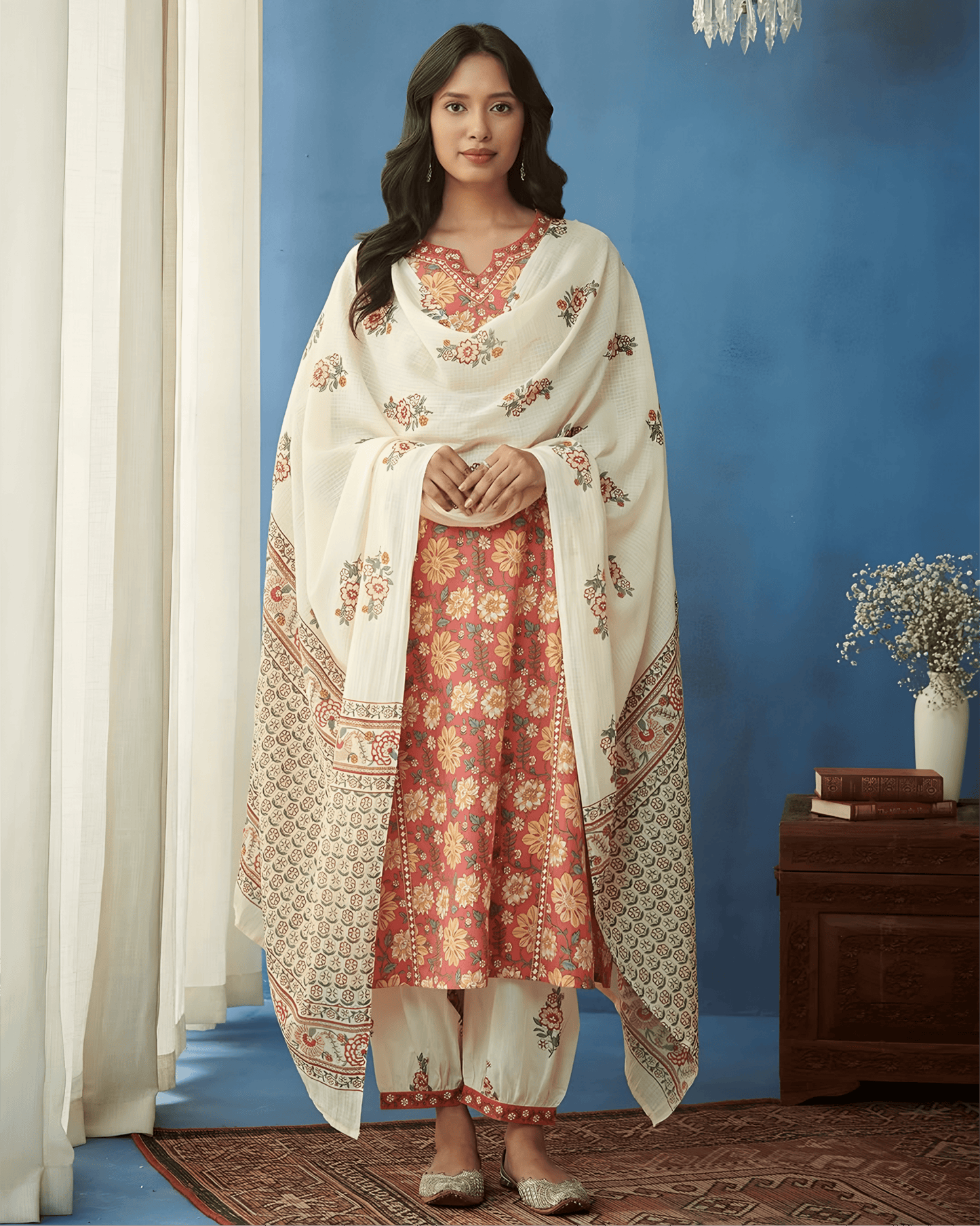 Printed Cotton Kurta Set with Palazzo & Dupatta - Soft & Breathable