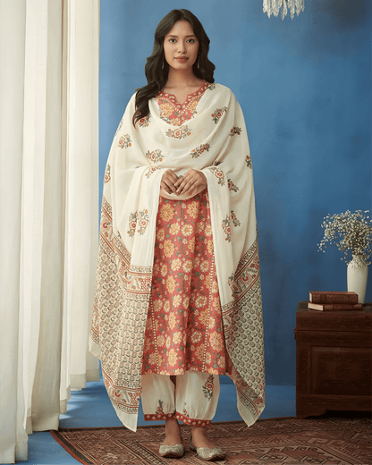 Printed Cotton Kurta Set with Palazzo & Dupatta - Soft & Breathable
