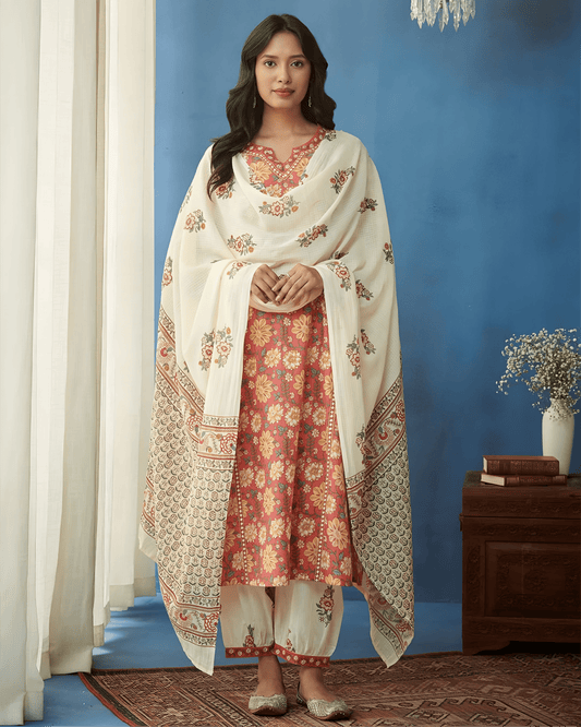 Printed Cotton Kurta Set with Palazzo & Dupatta - Soft & Breathable