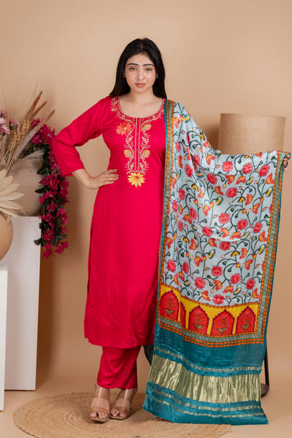 Red Pure Gaji Silk Suit Set for Women – Luxurious & Breathable