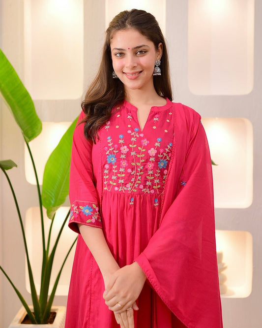 Rani Pink Cotton Anarkali Suit Set with Floral Thread Embroidery – Daily & Festive Wear