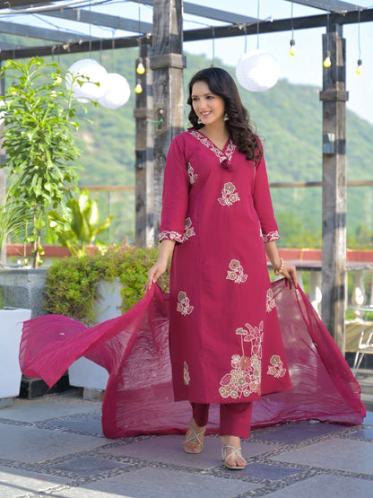 Rani Pink Premium Cotton Embroidered Straight Suit Set – Festive Wear