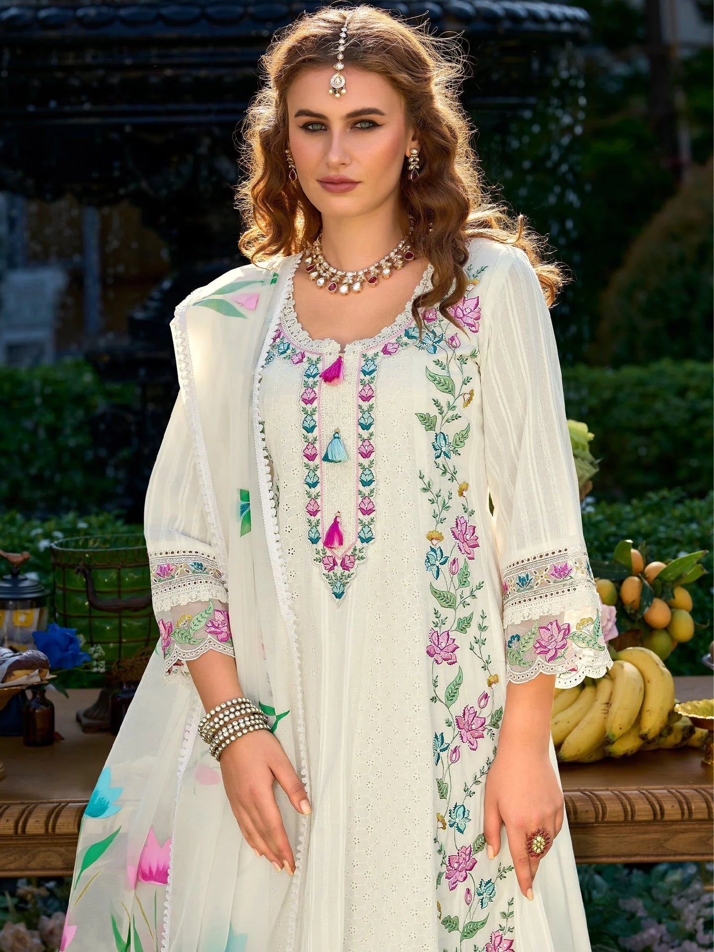 Regal Off-White Anarkali Suit Set with Heavy Multicolor Floral Embroidery & Dupatta
