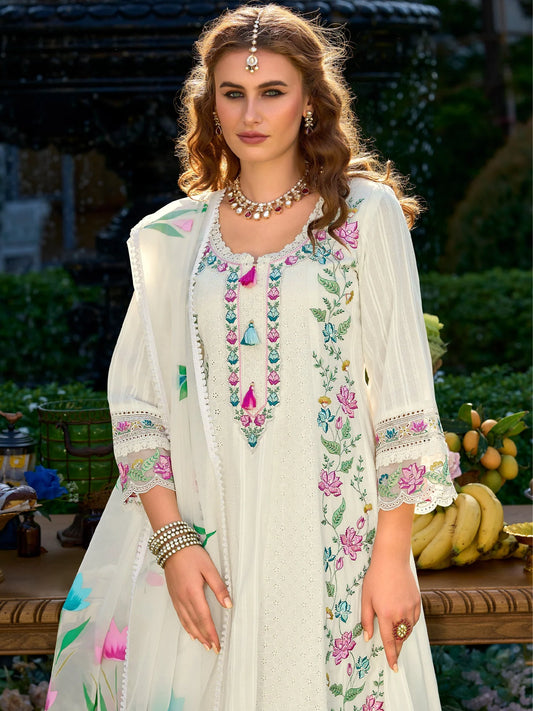 Regal Off-White Anarkali Suit Set with Heavy Multicolor Floral Embroidery & Dupatta