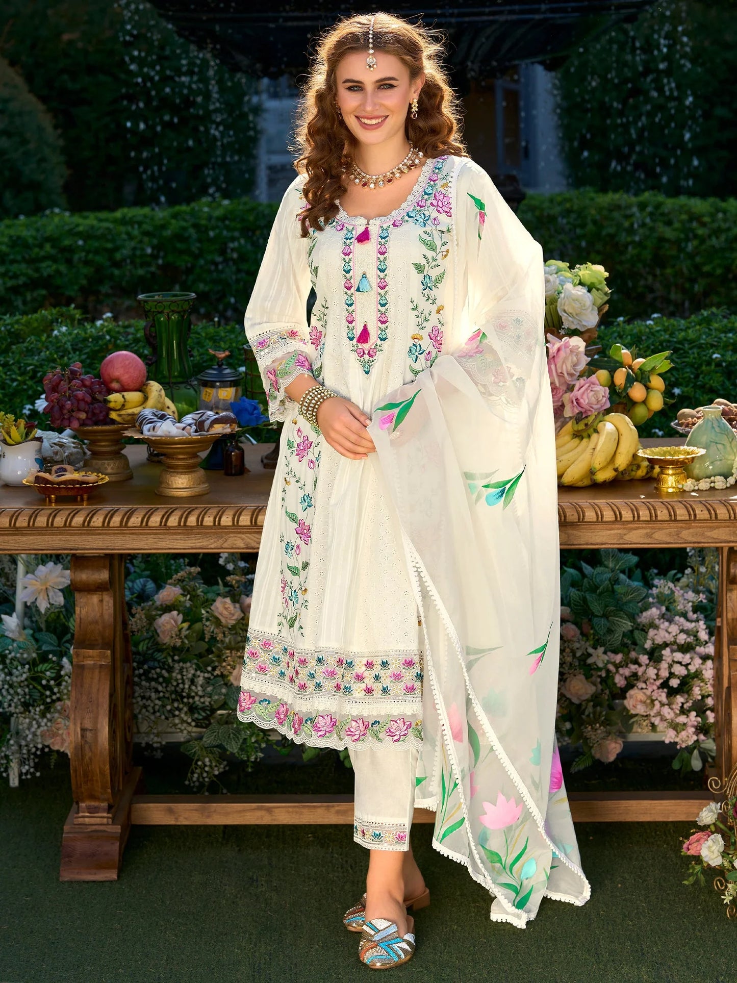 Regal Off-White Anarkali Suit Set with Heavy Multicolor Floral Embroidery & Dupatta