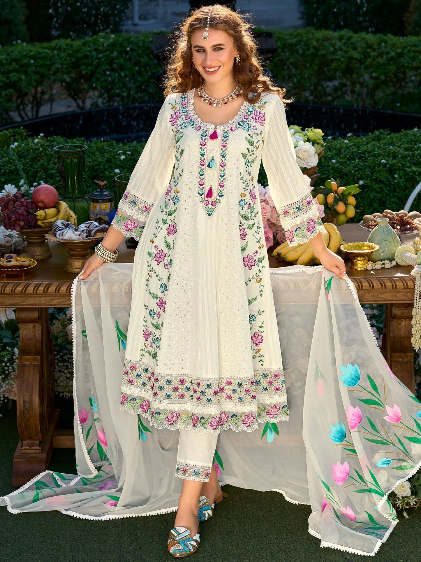 Regal Off-White Anarkali Suit Set with Heavy Multicolor Floral Embroidery & Dupatta