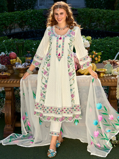 Regal Off-White Anarkali Suit Set with Heavy Multicolor Floral Embroidery & Dupatta