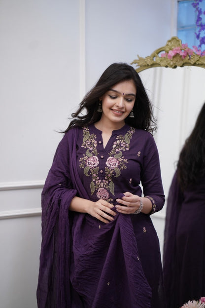 Regal Purple Soft  Cotton Kurta Set with Heavy Floral Embroidery & Crushed Dupatta