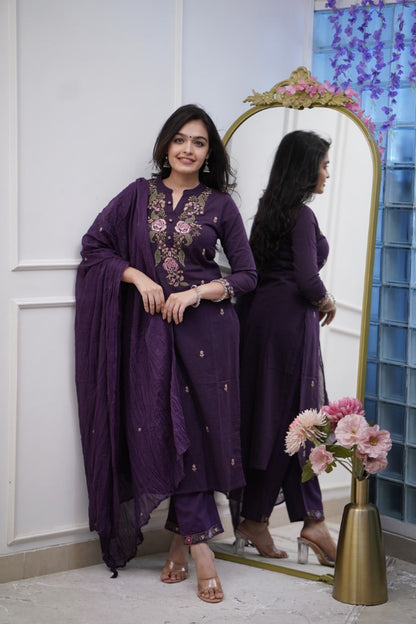 Regal Purple Soft  Cotton Kurta Set with Heavy Floral Embroidery & Crushed Dupatta