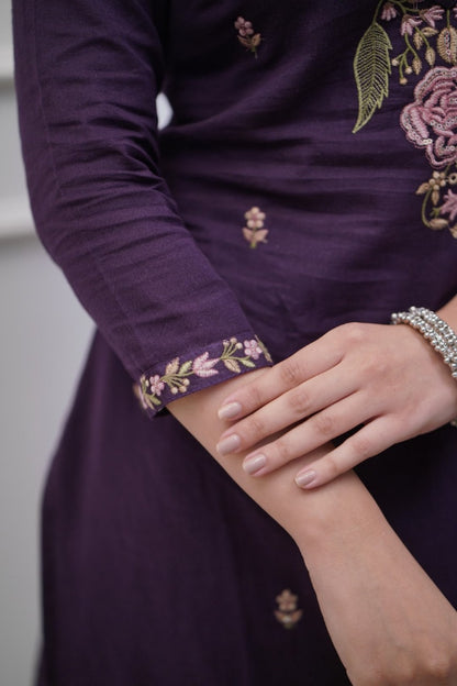 Regal Purple Soft  Cotton Kurta Set with Heavy Floral Embroidery & Crushed Dupatta