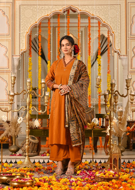 Rust Orange Cotton Suit Set with Aplique & Mirror Work – Festive & Ethnic Wear