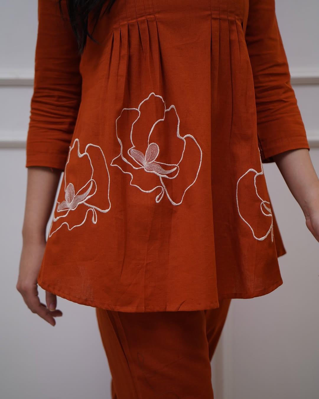 Rust Premium Cotton Co-ord Set with Floral Embroidery