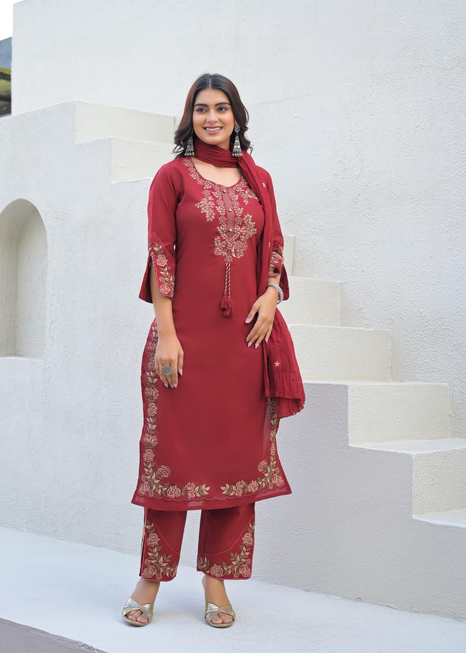 Deep Maroon Cotton Suit Set with Embroidered Floral Motifs