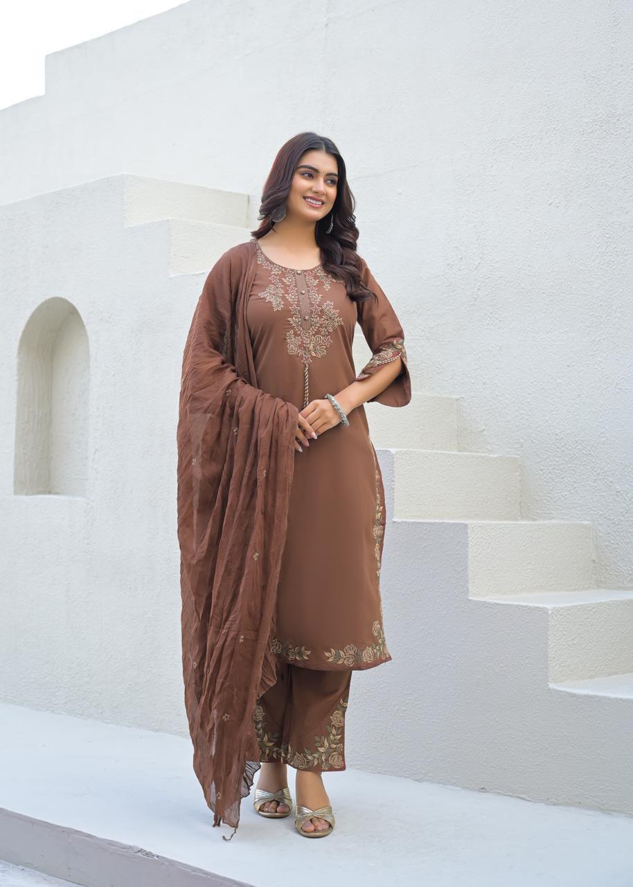 Coffee Brown Cotton Suit Set with Embroidered Floral Motifs