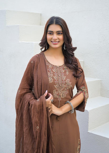 Coffee Brown Cotton Suit Set with Embroidered Floral Motifs