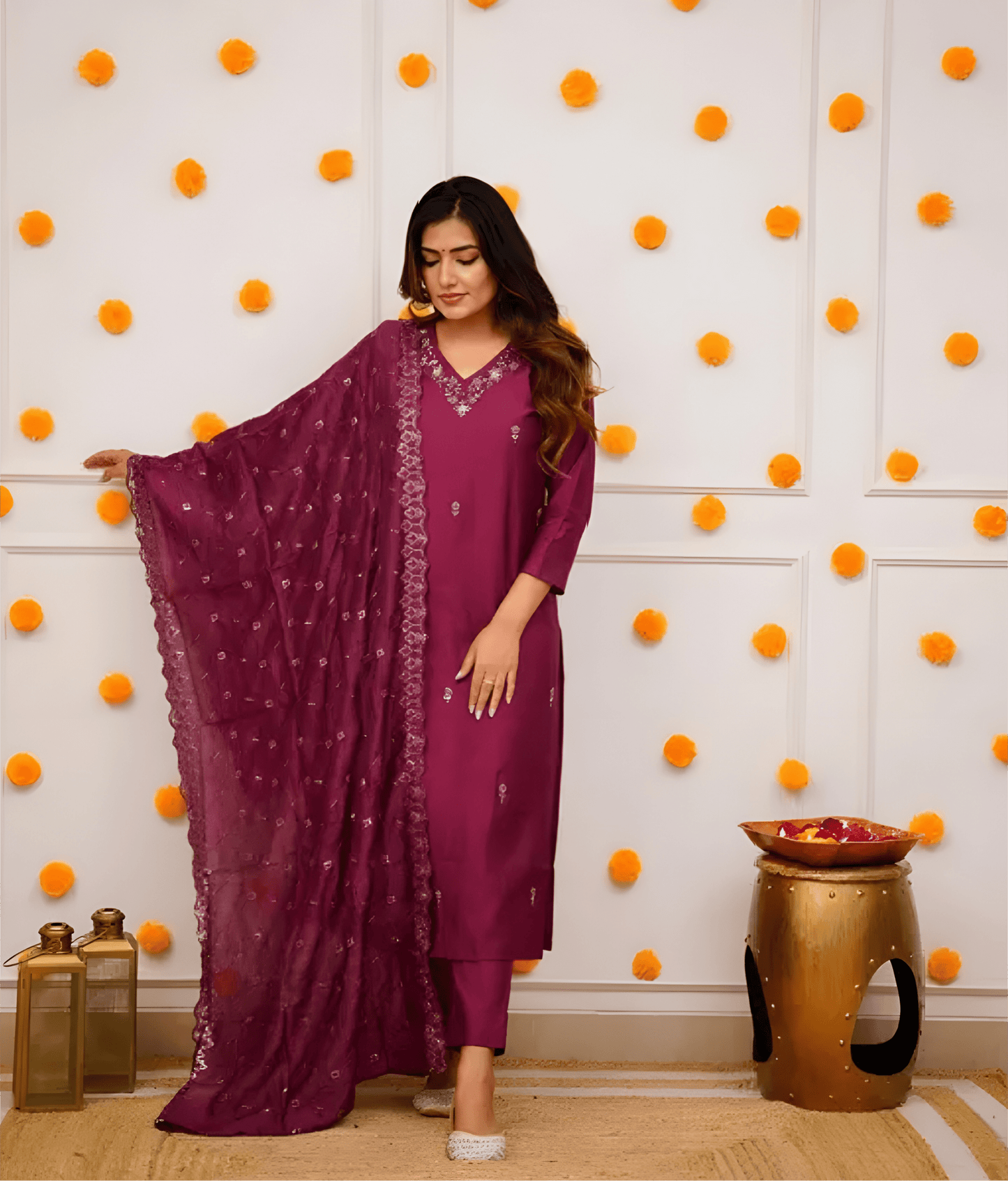 Wine Purple Viscose Suit Set with Delicate Thread Embroidery