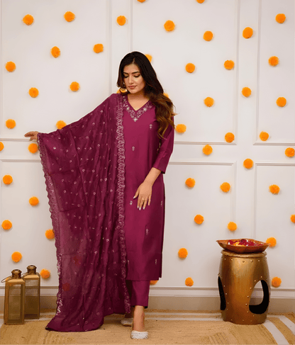 Wine Purple Viscose Suit Set with Delicate Thread Embroidery