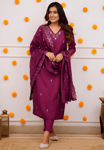 Wine Purple Viscose Suit Set with Delicate Thread Embroidery