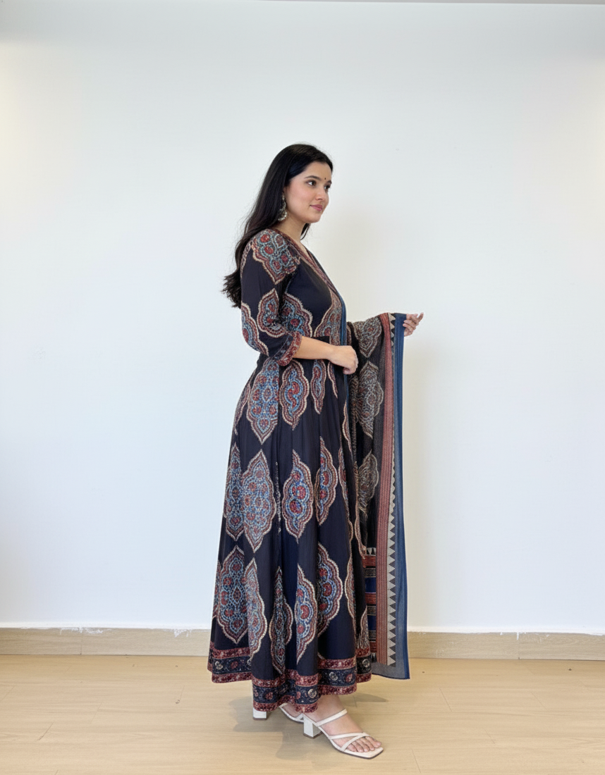 Black Cotton Anarkali Set with Traditional Block Print – Daily & Office Wear