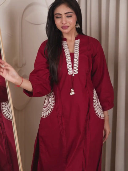 Maroon Dabu Cotton A-Line Kurta Set with Handcrafted Embroidery