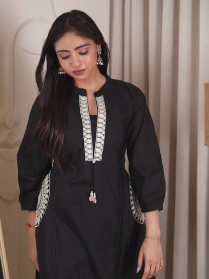 Black Dabu Cotton A-Line Kurta Set with Handcrafted Embroidery